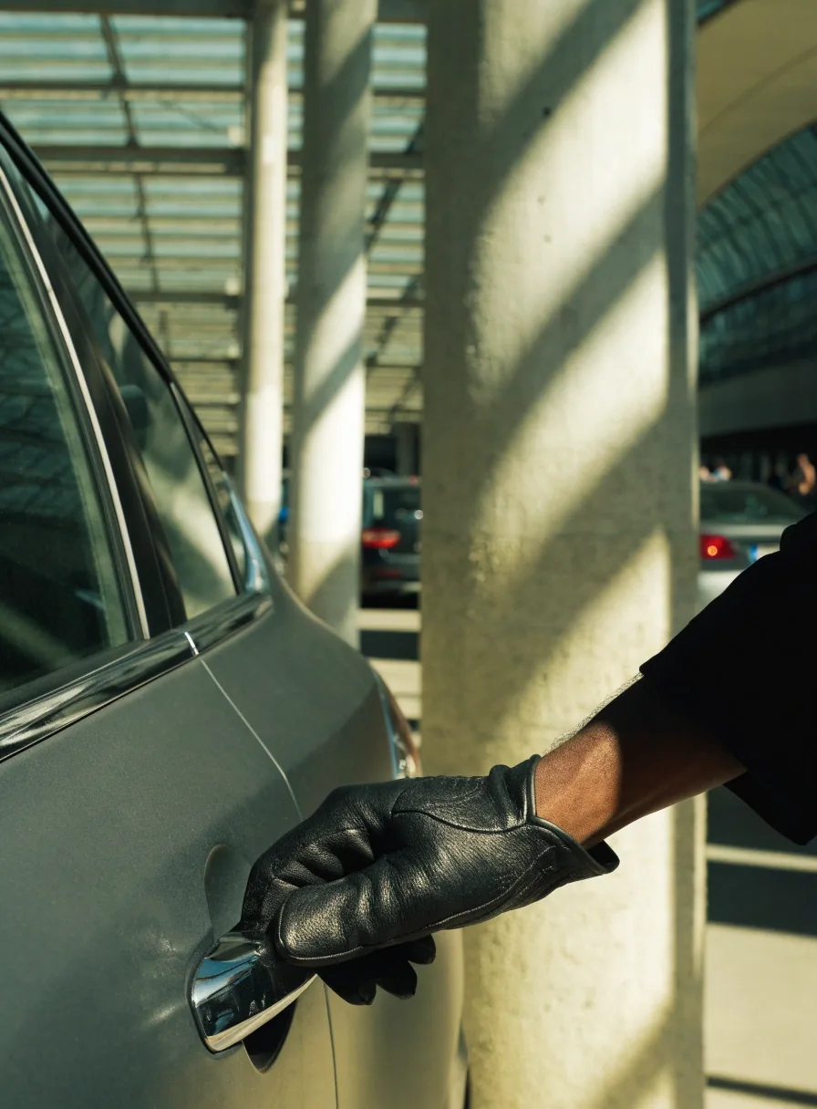 A valet's gloved hand on a car door handle in an airport car park in hard daylight