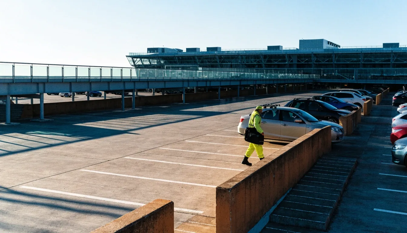 Sydney Airport multi-storey car park deck in cold morning daylight with painted bay markings