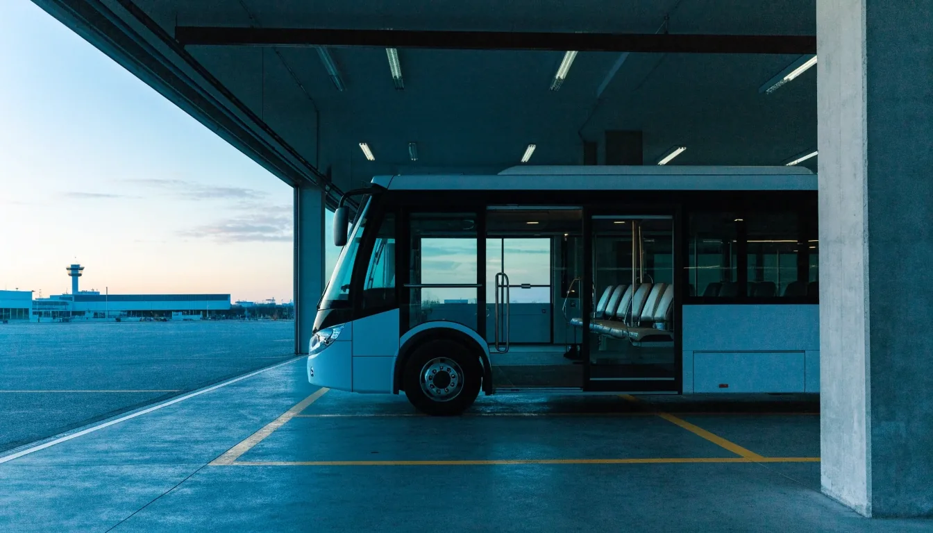 A car waiting at the exit lane of a multi-storey car park in hard morning daylight