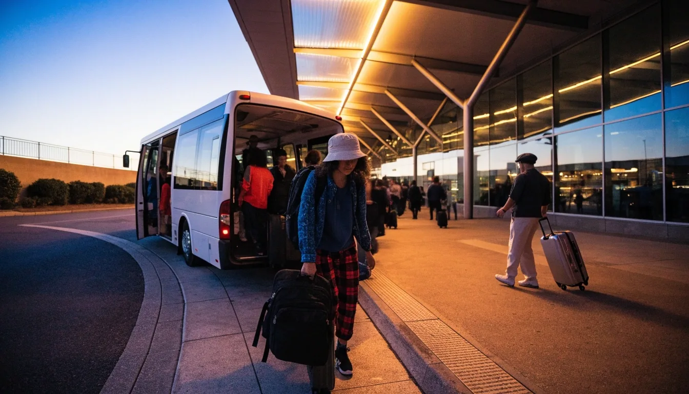 Shuttle bus pulling away from the domestic terminal forecourt at Sydney Airport