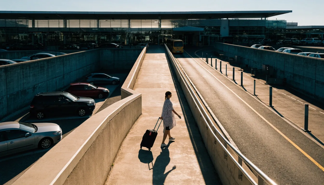 Traveller lifting luggage from the boot of a car at the entrance lane of a covered airport car park