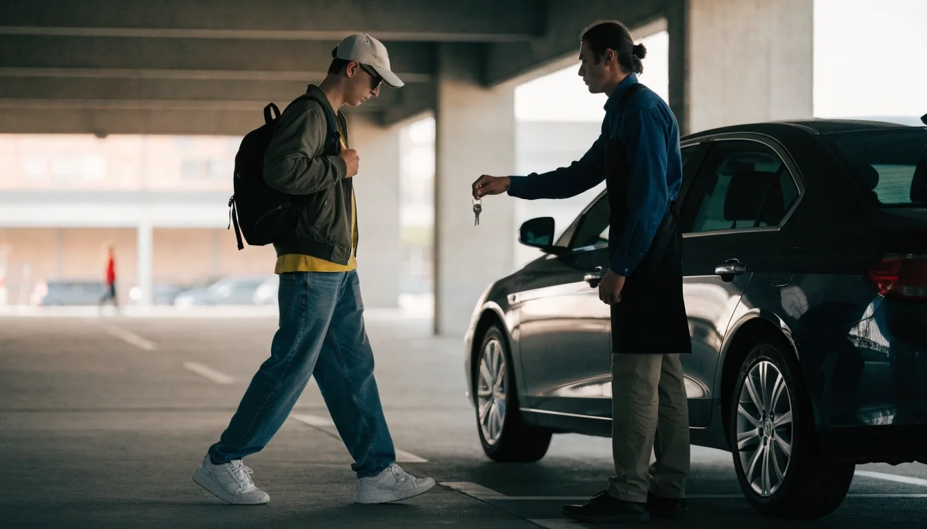 A traveller stepping toward an airport shuttle bus on a concrete forecourt