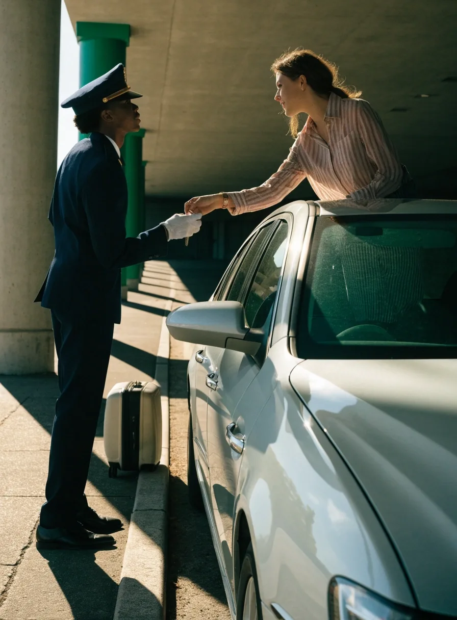 A valet attendant receiving car keys from a driver at a covered airport drop-off lane