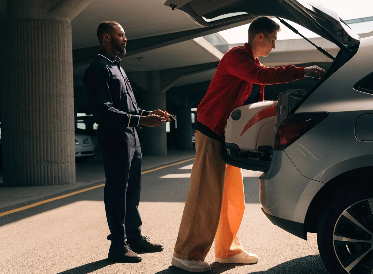 A traveller lifting luggage from the boot of a car in a Sydney Airport parking precinct on a clear morning