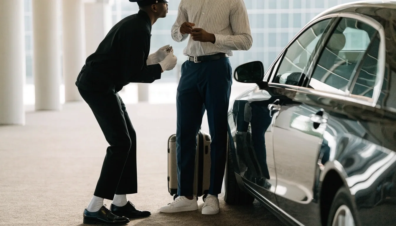 A driver standing at a car park lift lobby holding a door handle and a phone