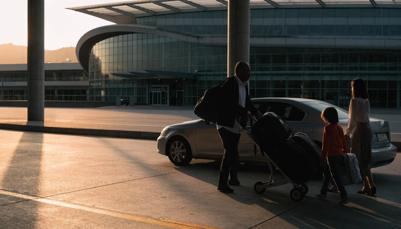 Traveller loading a suitcase into a car at the international pick-up kerb at Sydney Airport in cold morning light