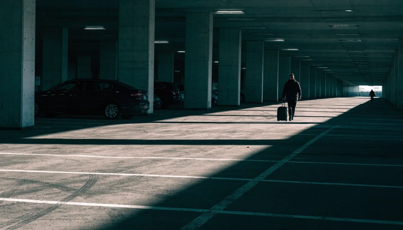 Covered parking structure entry ramp with repeating concrete columns and painted line markings under cold morning light