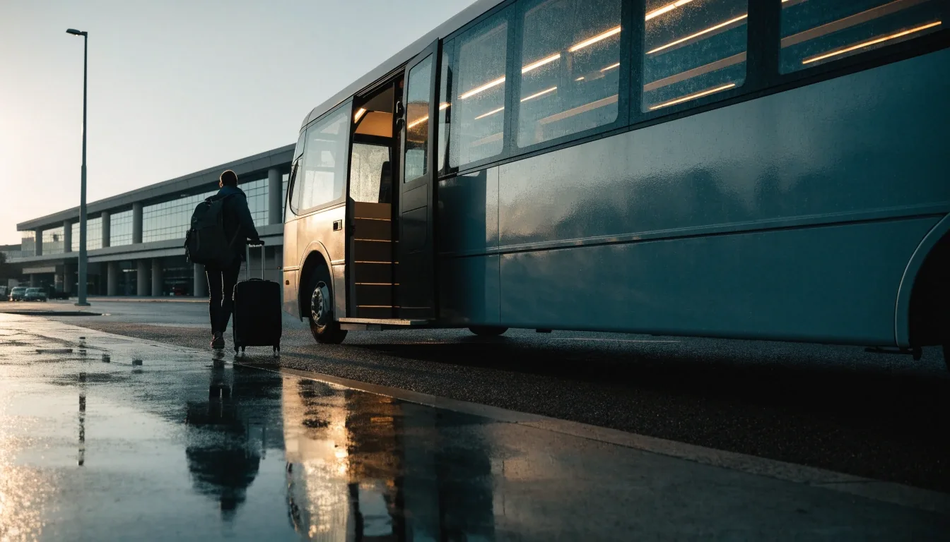 Unbranded shuttle bus with an open door and lit aisle stopped at a kerbside transfer point in cold morning light