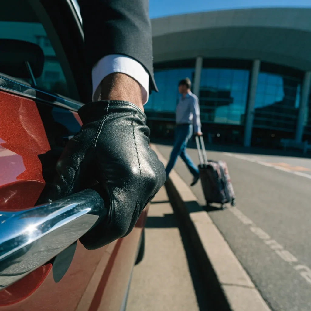 Valet attendant's gloved hand on an open car door handle in hard morning sunlight beside a terminal kerb