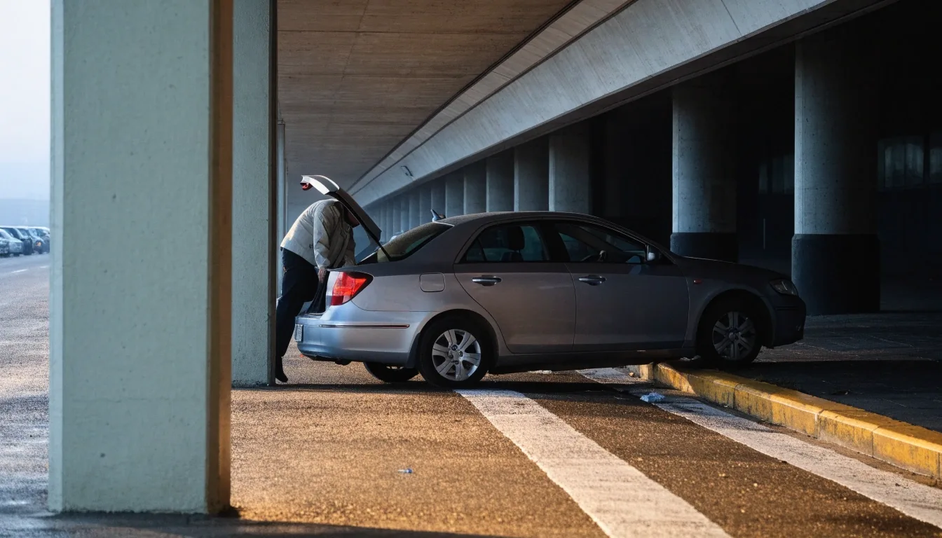 A traveller loading a suitcase into a car at an airport kerbside pick-up lane in cold morning light