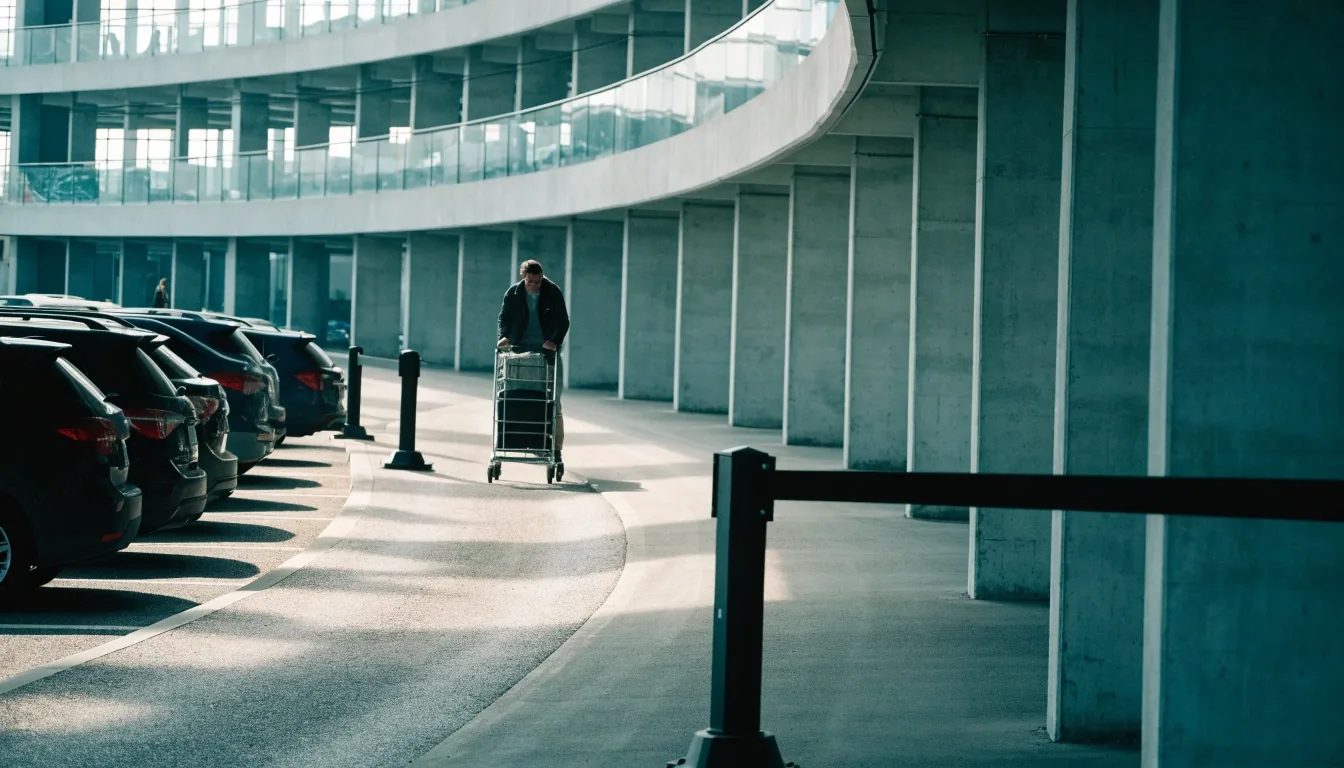 An empty aisle curving up a concrete multi-storey airport car park in cold morning light