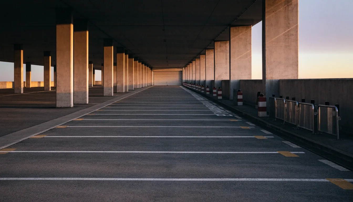 Empty concrete entry ramp of a multi-storey airport car park in cold morning light